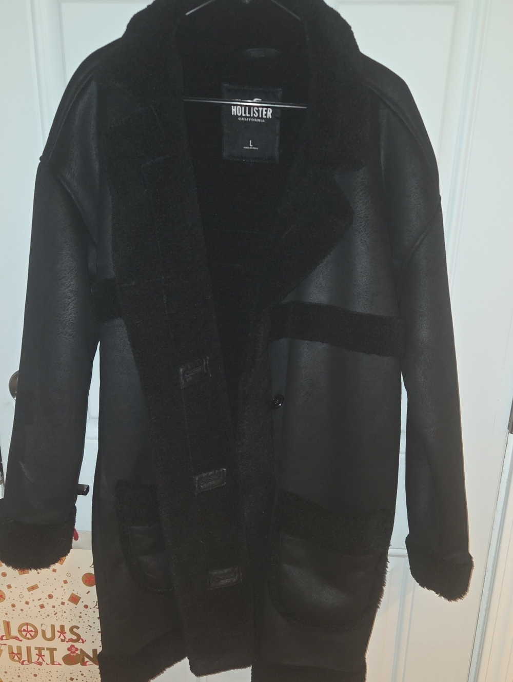 Hollister Black Faux Shearling Hooded Long Coat – Size L